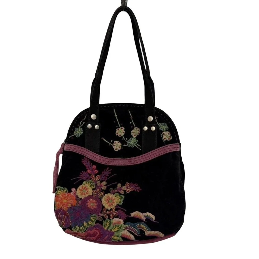 Y2k Lucky Brand Embroidered‎ Purse Velvet Suede Shoulder Bag Rare Floral